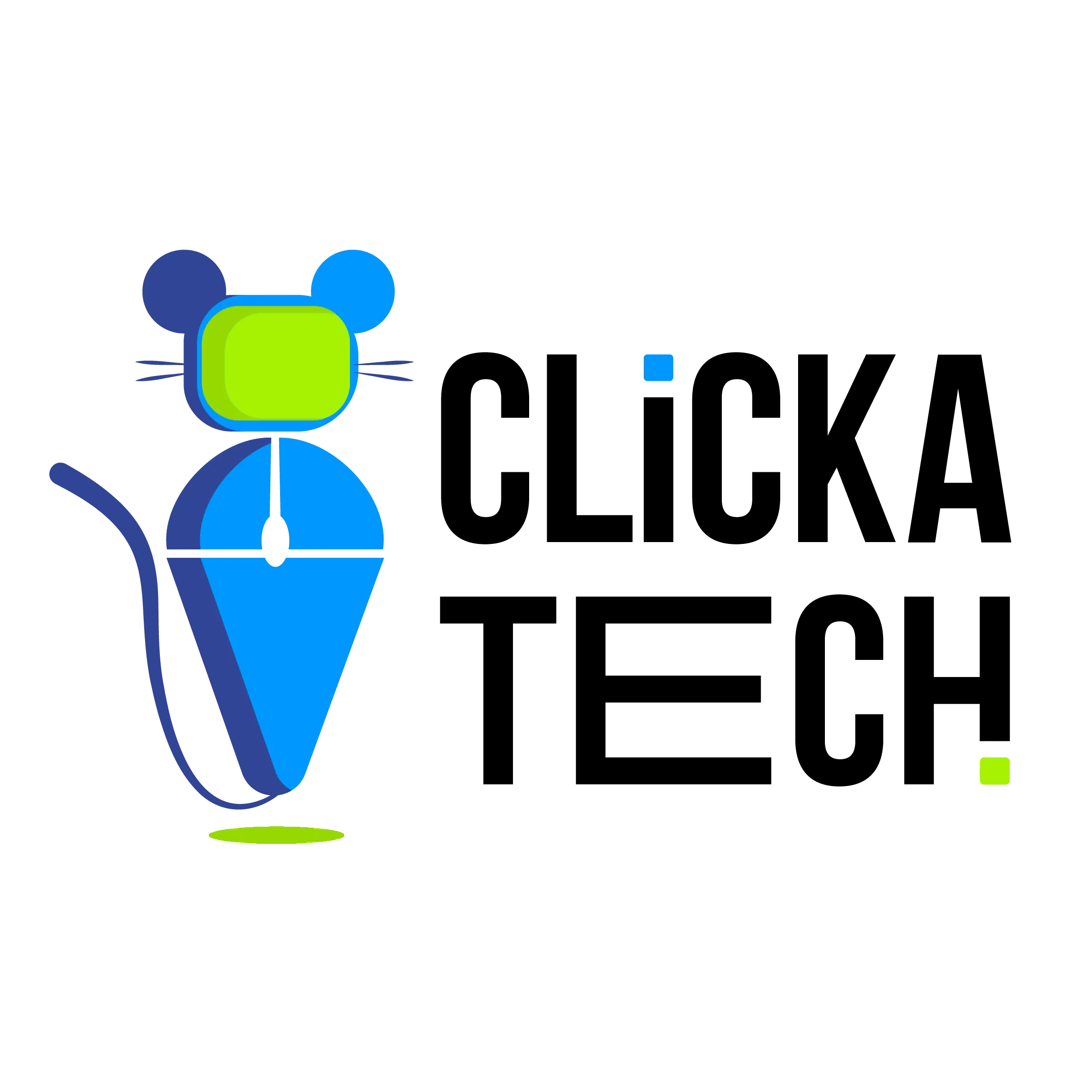 לוגו ClickaTech – עכבר כחול עם מסך ירוק וטקסט CLICKATECH